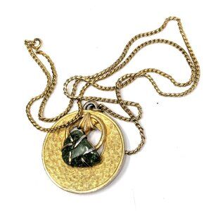 Vintage BSK Jade Stone Pendant Necklace Textured Gold Tone Long 24" Siged
